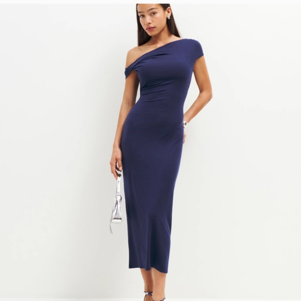 Reformation Jamen Knit Midi Bodycon Dress Navy Off-shoulder Size Large